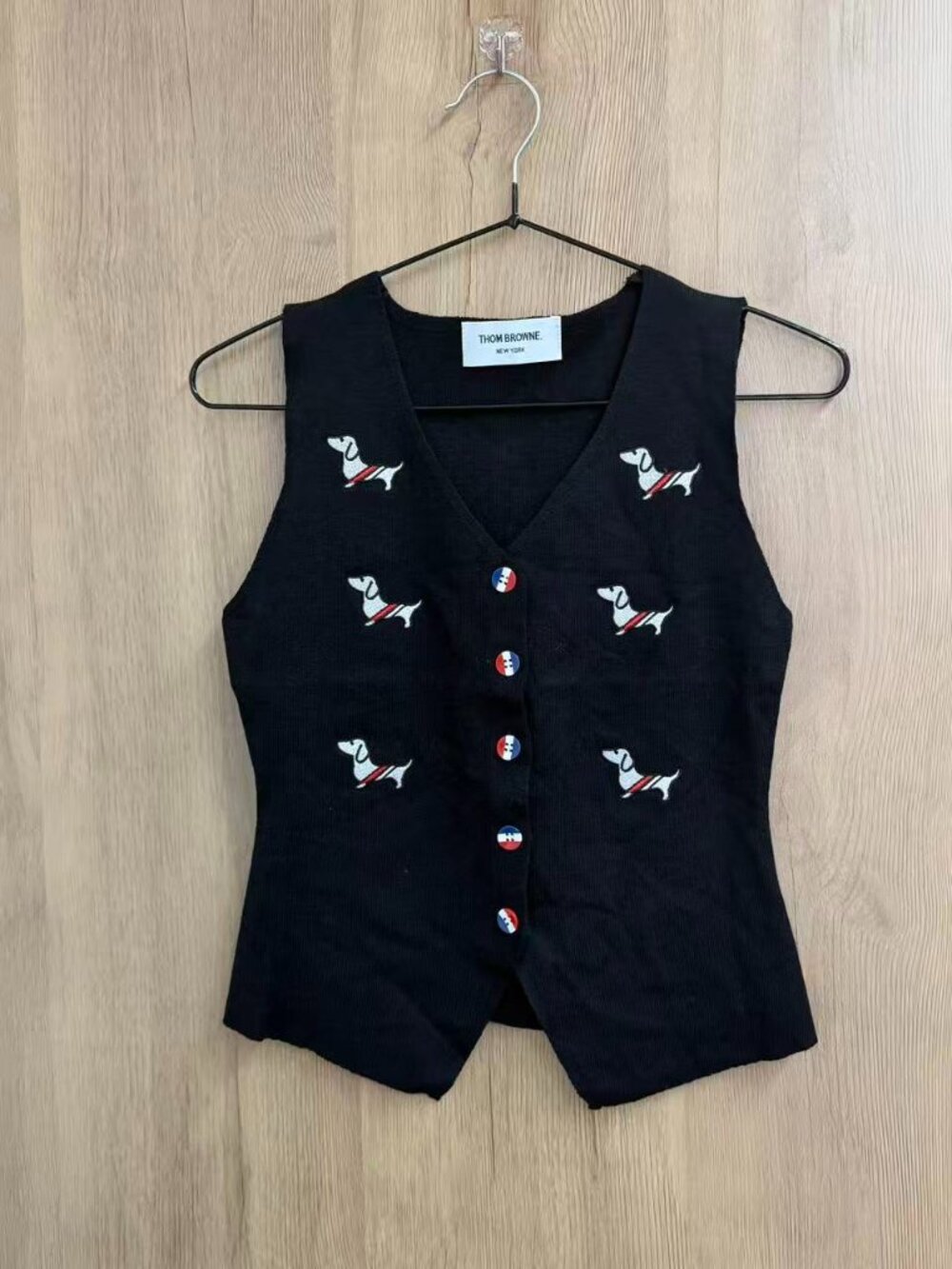 ⚫Thom Browne Black Knit Vest All Over Dachshund Embroidery Button Front